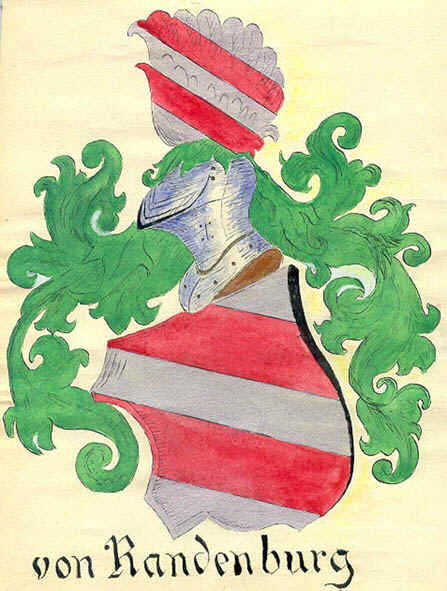 Handkoloriertes Familienwappen mit der Inschrift „von Randenburg“: silberner Schild mit roten Schrägbalken, darüber ein Helm mit grüner Helmdecke und rot-silberner Helmzier.